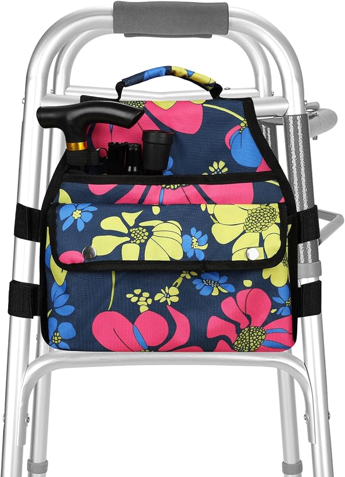 supregear Walker Side Bag, Storage Pouch w/Cup Holder for Folding Walker, Waterproof Caddy Basket for Side Bar Accessory Attachment for Seniors Elderly, Double Sided Organizer
