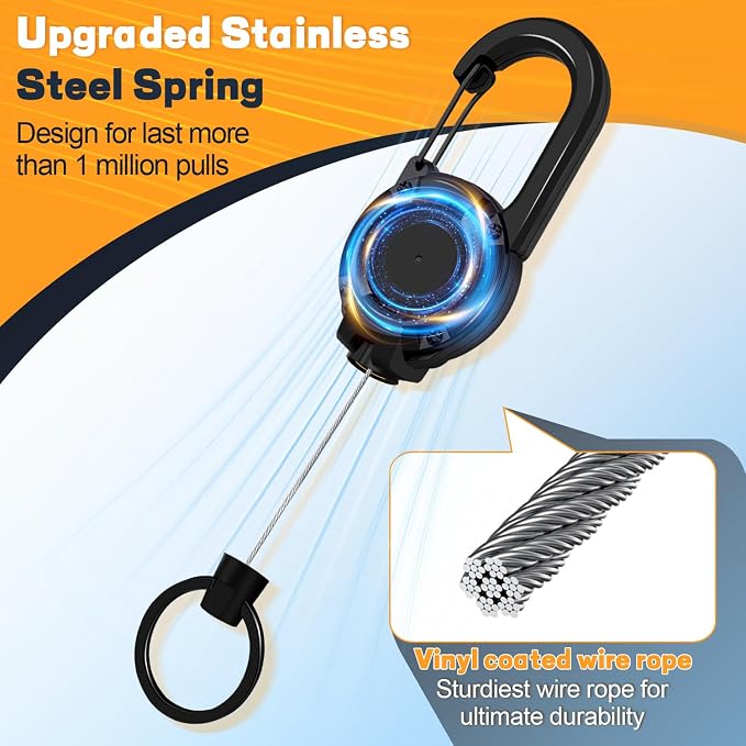Retractable Keychain 3 Pack, Heavy Duty ID Badge Holder Reel, Multitool Carabine Key Holder for Keychain, Badge Holder with 25.6" Steel Retractable Cord Key Ring Clip, 8.8 oz (Black+Purple+Orange)
