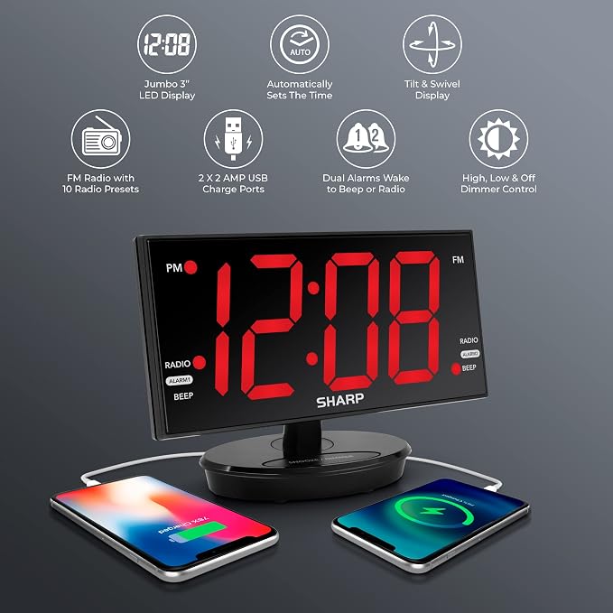 Sharp AccuSet Digital Alarm Clock, 8.9" Tilt/Swivel, FM Radio, Dual USB | 3-inch easy-read digits, 10 station presets, 3-level dimmer, 2 wake times, 9-minute snooze, CR2032 backup, mirror finish