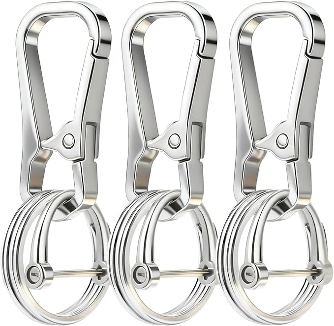 Metal Key Chain Carabiner Clip with Key Ring and D Ring | Heavy duty build, full accessory packs, quick release, multi purpose hook, belt loop holder, separate home and car fob sets