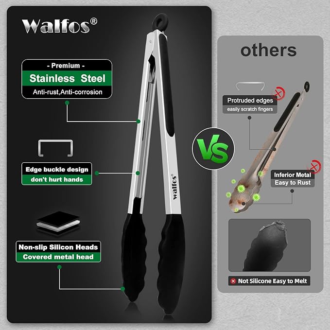 Walfos Kitchen Tongs - Heat Resistant Cooking Tongs Set of 3, Stainless Steel and BPA Free Silicone Tips, Great for Cooking, Grilling, Turning, 7" 9" and 12" (3 black silicone tongs)