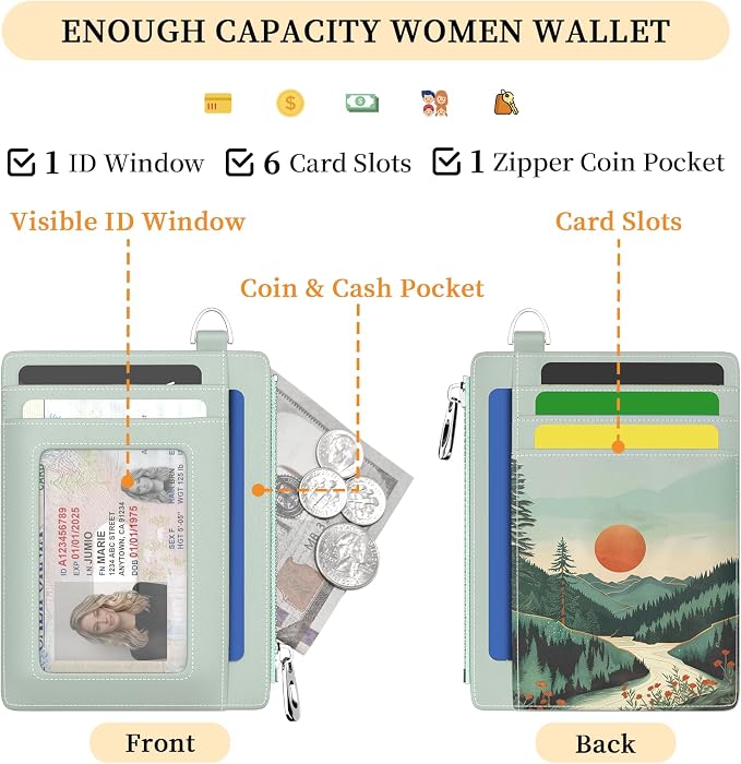 Hancynir Mountain Sunrise Small Wallet Women Credit Card Holder Slim RFID | Zipper Keychain Wallet, Travel Coin Front Pocket, Ladies Women Gifts, Thin Minimalist Card Case, 6 Card Slots, PU Leather