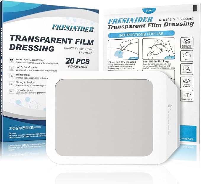 FRESINIDER Transparent Film Dressing 6” x 8” (20 Pack) – Large Waterproof Shower Bandages, Breathable Clear Wound Cover with Border for IV Shield, Post-Surgery Care & Tattoo Aftercare