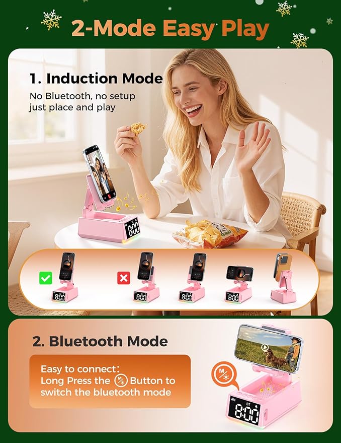 Bluetooth Speaker Birthday Gift for Women:Induction Cell Phone Stand HD Sound Valentines Gifts For Her Adult Teen,Anti-Slip Phone Holder Kitchen Gadget Women Mom Wife Girlfriend Galentines(Pink)