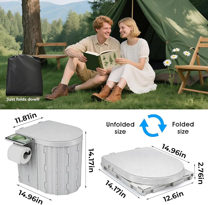 Portable Toilet for Adults, Foldable Plastic Toilet, with Lid and Paper Holder Travel Porta Potty for Adults Camping, Hiking, RV, Fishing, Beach, Road Trip, Truck, Hunting