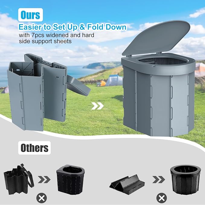 Portable Camping Toilet, Folding Toilet for Adults with Lid and Retractable Toilet Paper Holder, Waterproof Porta Potty with Carry Bag and Disposible Liners