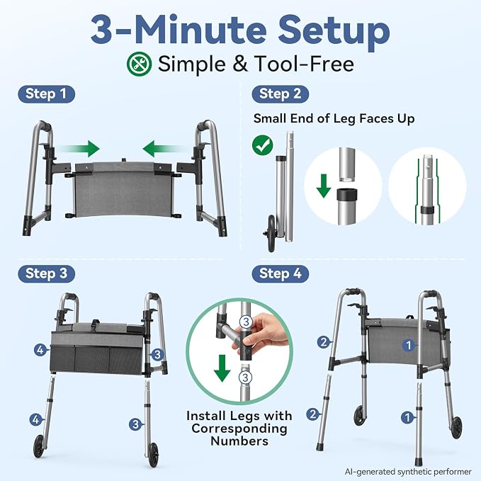 Loyoda Folding Walker with Basket and Glide Skis, 5" Wheels Lightweight Walkers for Seniors and Adults, Supports Up to 350 Pounds, Adjustable Height, Compact Standard Walker