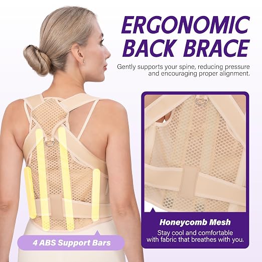 Back Brace Posture Corrector for Women & Men, Adjustable Full Back Support, Shoulder Straightener for Upper & Lower Back Pain Relief-Scoliosis, Hunchback, Waist Trainer (Small, Beige)