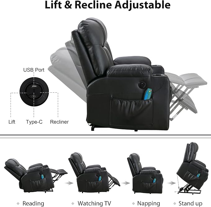 Bonzy Home Power Lift Recliner Chair with Heat and Massage, Faux Leather | Oversized Lift Chair for Adults Elderly Upholstered Massage Recliner with 2 Cup Holders, Side Pocket, Black