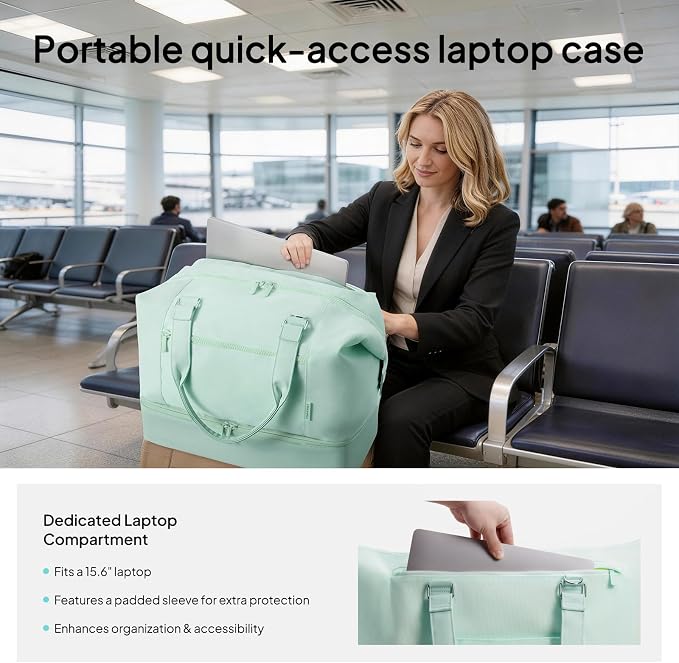 Travel Duffle Bag for Women, 40L Weekender Bags Airline Approved Carry On with Shoe Compartment & Waterproof Wet Pocket, Durable Nylon Weekender Overnight Bag for Travel, Gym, Business Trip, Green