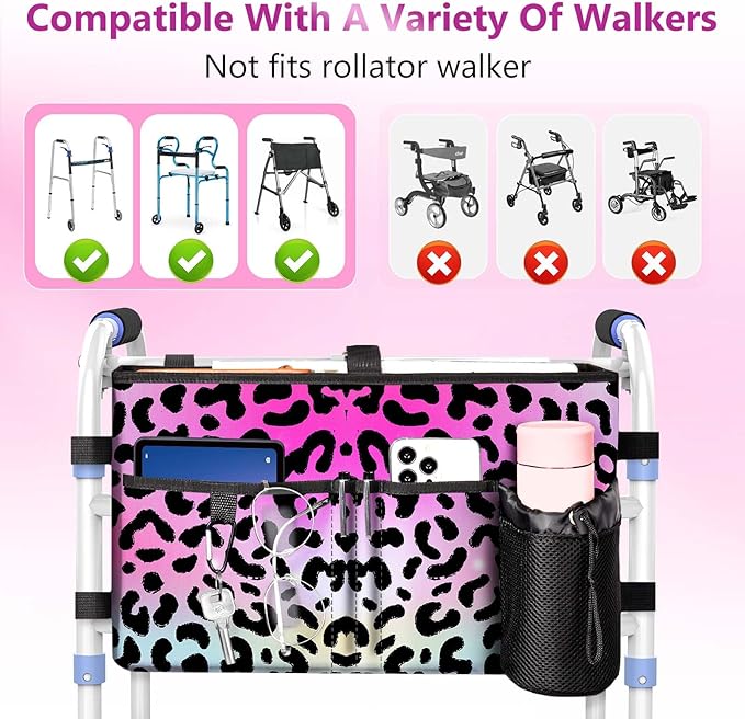Rhino Valley Walker Bag, Multi Pockets Folding Walker Basket Tote Bag with Cup Holder, Hand-free Carry Pouch Storage Bag for Universal Walkers,Large Capacity Organizer for Seniors Elderly,Pink Leopard