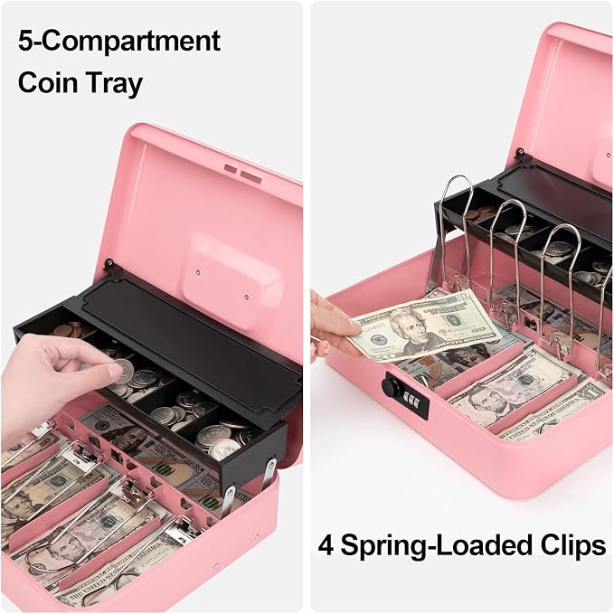 Jssmst Locking Metal Cash Box with Coin Lid, 11.8L x 9.5W x 3.5H Inches, Safe Money Box with Combination Lock, Pink, SM-CB0516P