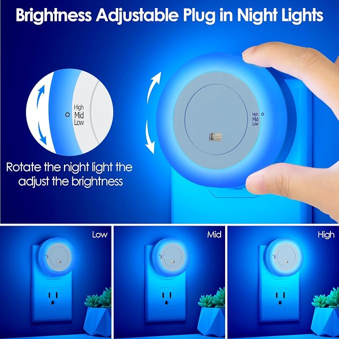 FOLKSMATE LED Night Light, Dimmable Plug-in Dusk to Dawn Sensor Hallway Lights, Smart Nightlight for Bathroom, Bedroom, Adults & Kids Room, Kitchen, Stairway, Blue, 2-Pack