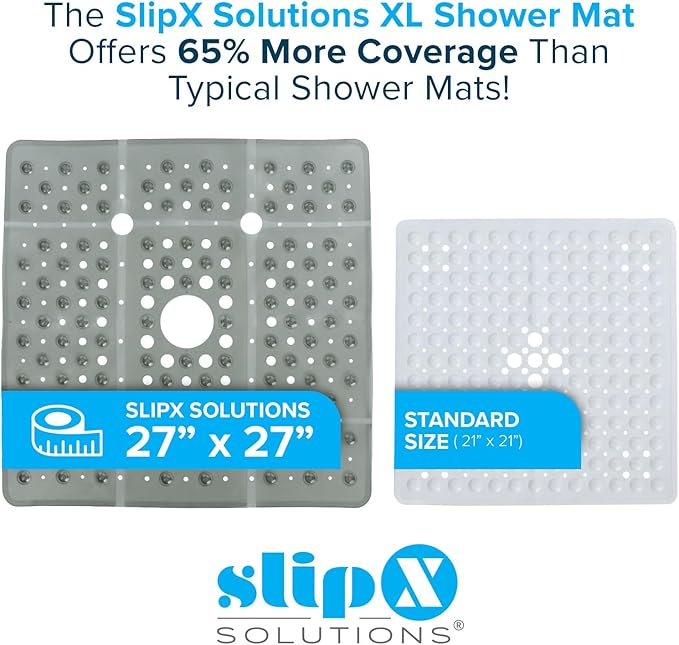 SlipX Solutions 27" Oversize Square Shower Mat, Non-Slip Mat for Elderly & Kids, 100+ Power Grip Suction Cups for Smooth Surfaces, Machine Washable, Translucent Gray