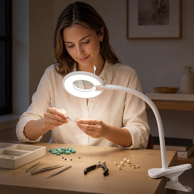 3X+6X Magnifying Glass with Light and Stand,Dimmable LED Magnifying Lamp | Clip on, Flexible Gooseneck, Hands Free Magnifier, Magnification Lamp for Elderly Craft Hobby Painting Sewing Close Work