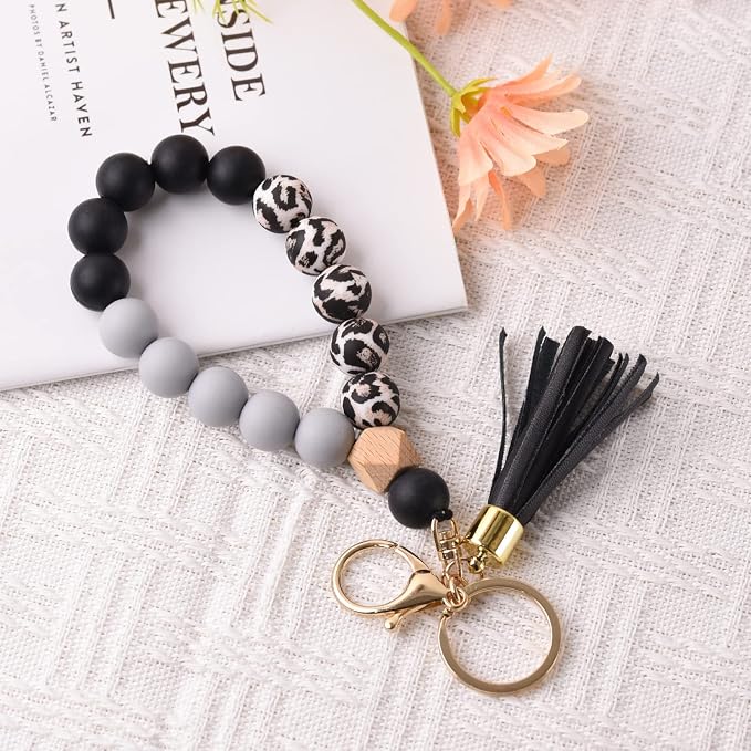 BAOSIWA Silicone Key Ring Bracelet Wristlet Keychain Unique Beaded Bangle Key Chains for Women with Leather Tassel