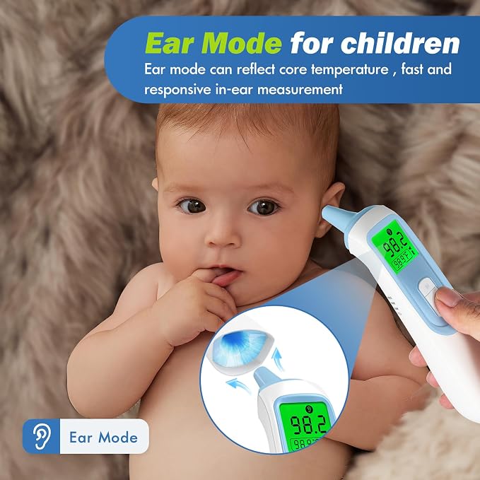 Ear Thermometer for Baby, ELERA Infrared LCD Thermometer with Automatic Switching Mode of Ear & Forehead, 1s Measurement, 4 Color Backlight Display with Fever Indicator
