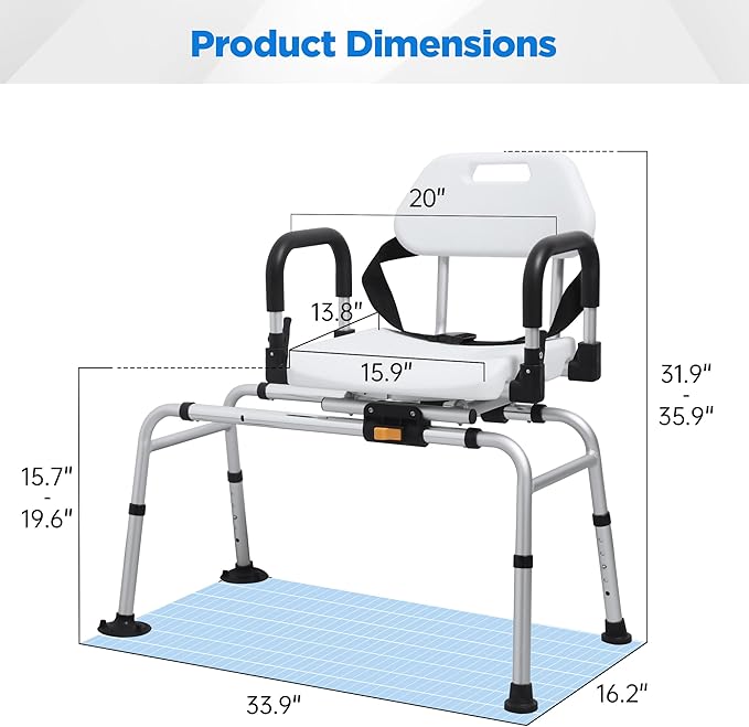 FSA/HSA Eligible Sliding Shower Chair Tub Transfer Bench with Swivel Seat, Rotating Shower Bench for Bathtub with Pivoting Armrests and Backrest for Elderly and Disabled