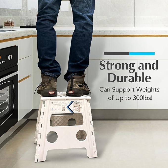Handy Laundry Folding Lightweight Step Stool - Sturdy Enough to Support Adults - Opens Easy with One Flip - Great for Kitchen, Bathroom or Bedroom (White - 13 inch)