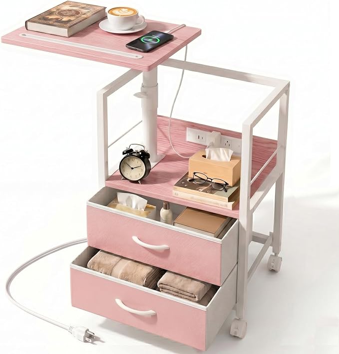 Faesun Swivel Lift Top Nightstand with Charging Station, Rolling Side Table for Recliner, Bedside Table with Wheels & 2 Fabric Drawers, for Small Spaces, for Bedroom, Living Room, Pink