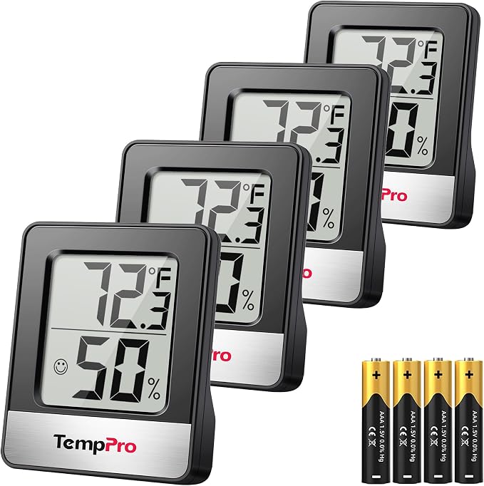 TempPro TP49 4 Pack Digital Hygrometer Indoor Thermometer | Humidity Meter Mini Hygrometer Thermometer with Temperature and Humidity Monitor Room Thermometer, Black