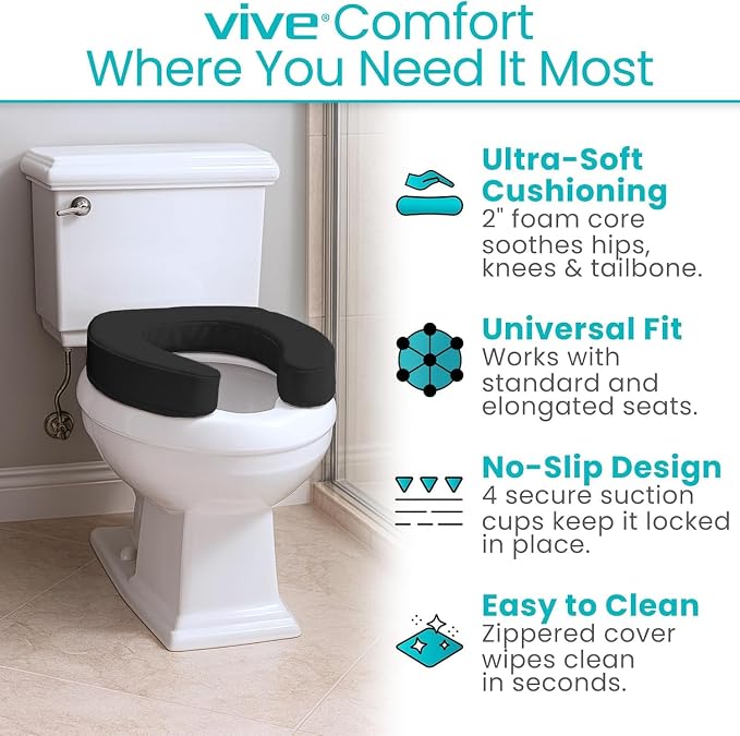 Vive Toilet Seat Cushion (Soft Cushioned Foam) - Easy Clean Padded Bathroom | Attachment - Elongated, Standard Seats - Comfort and Support Donut for Handicap, Adults (2" Cushioned Foam, Black)