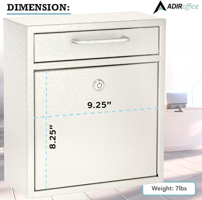 AdirOffice Wall Mount Mailbox - Mailbox with Lock and Keys- Durable Wall Mounted Locking Mailbox and Cash Drop Box for House, Apartments and Bussiness After Hours Deposits