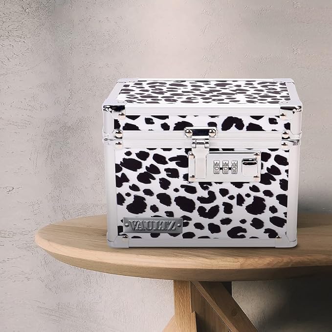 Vaultz Locking Medicine Box with Combination Lock - Secure Metal Lock Box Safe for Medication, Pills & Valuables, Small Lockbox with Code, Portable Storage Case, Leopard