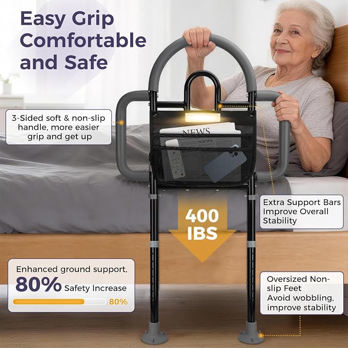 Bed Rails for Elderly Adults, 400lbs Load with Motion Sensor Light | ASTM Approved, 3-Sided Handle & Large Non-Slip Feet, Safety for Seniors, Adjustable Height Fits 14.57"-20.67" Bed Frame