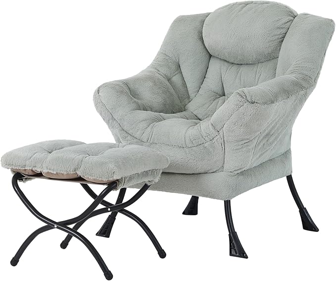 Tiita Lazy Chair with Ottoman, Modern Large Accent Lounge Armchair, Comfy Leisure Sofa Reading Chair with Footrest for Bedroom, Living Room, Dorm Rooms, Garden and Courtyard, Plush Green