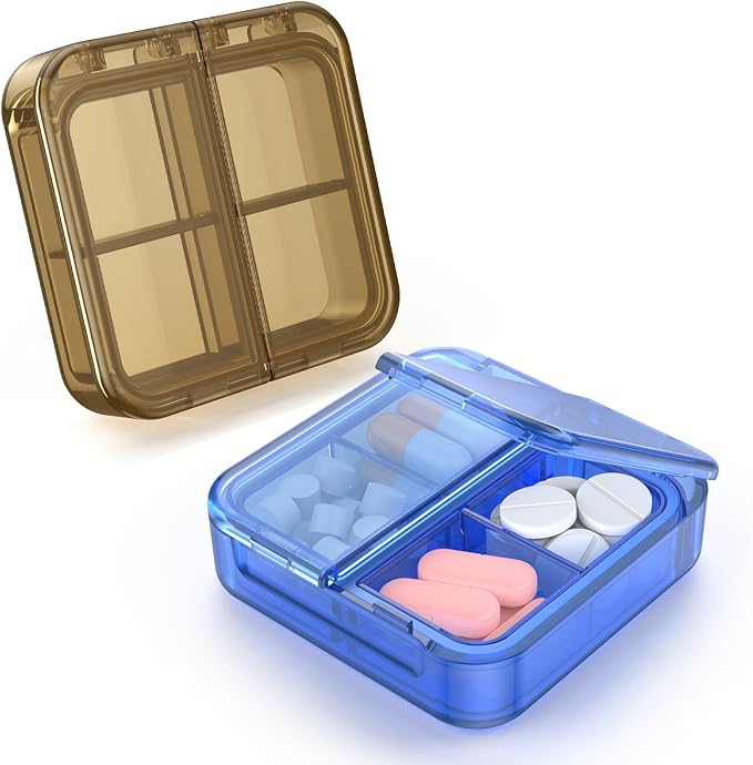 Small Pill Box,4 Compartments Travel Pill Case, Portable Pill Organizer,Mini Pill Container for Pocket,Daily Compact Travel Medicine Holder for Vitamins Fish Oil and Supplement Storage(Blue+Black)