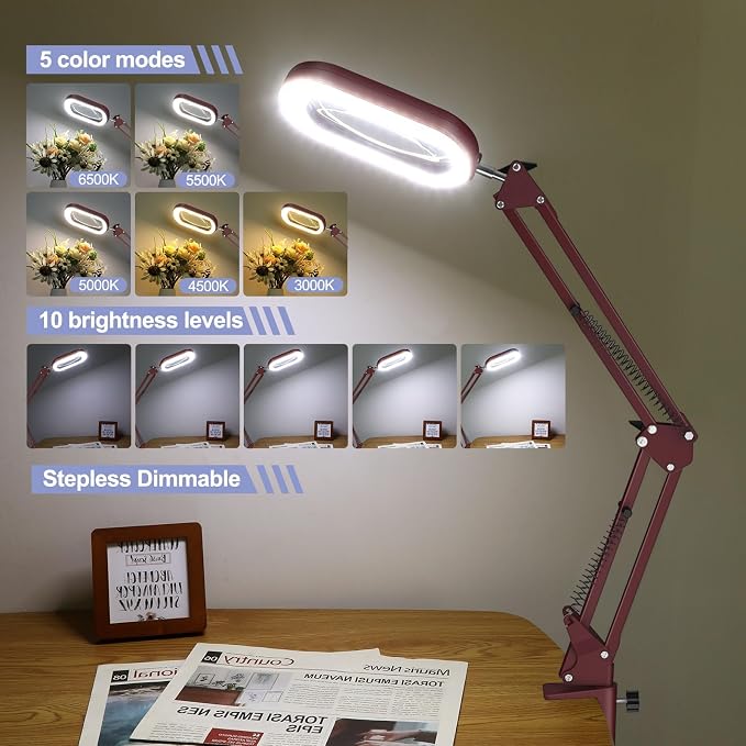 Drdefi 12X Square Magnifying Glass with Light and Stand, Real Glass LED Lighted Magnifier, 5 Color Modes Stepless Dimmable, Hands-Free Mag Desk Lamp with Clamp for Reading Craft Hobby Close Work Red