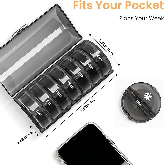 Weekly Pill Organizer 2 Times a Day, Travel Pill Case Organizers 7 Day, AM PM Pill Box for Purse, Pocket, Compact Portable Pill Container for Medication, Vitamin, Fish Oil, Supplement (Black)