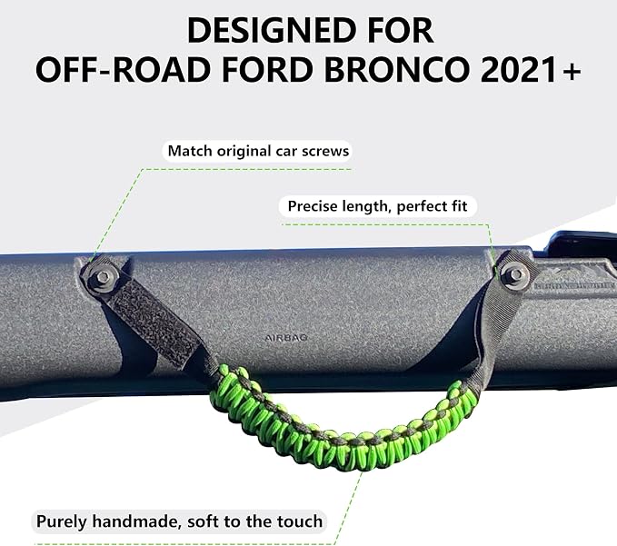 sukemichi Roll Bar Grab Handles for 2021-2026 Ford Bronco 2/4 Door,Green | Paracord handles grab,Fits Bronco 2021-2026 hard & soft top,Off-road safety grip handle,Work with airbag,Not for Sport,4 Pack