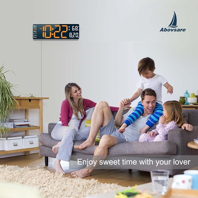 Digital Clock, Digital Wall Clock for Living Room Decor, Desk Alarm Clock for Bedroom, Large Wall Clock with Remote Control, Automatic Brightness Dimmer LED Clock with Date Temperature Week (Orange-W)