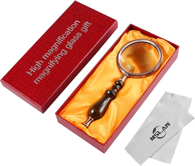 MSLAN Magnifying Glass,10X Antique Copper Handheld with Wooden Handle and Real Glass,Best Reading Magnifier for Elderly,Macular Degeneration