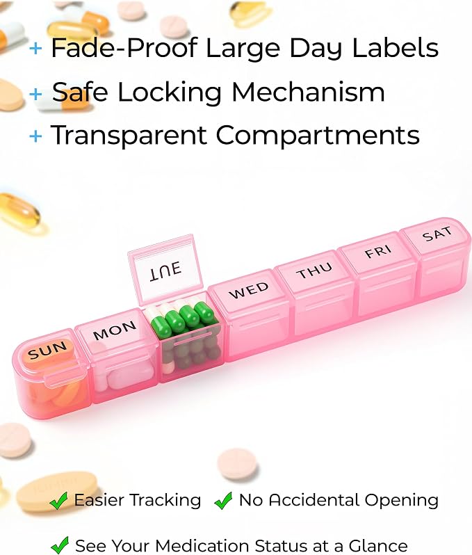 Daviky Weekly Pill Organizer 2 Pack Large Capacity Travel Pill Organizers Pill Box 7 Day Compact Travel Pill Case Medicine Pill Organizers for Vitamins, Supplements and Medications (Blue & Pink)