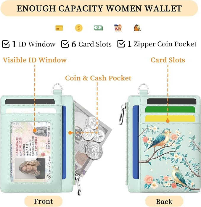 Hancynir Bird Floral Flower Slim Wallet Women Credit Card Holder RFID Small | Zipper Pocket Wallet, Thin Travel Coin Purse, Ladies Women Gifts, Minimalist Card Case, 6 Card Slots, ID Window, PU Leather