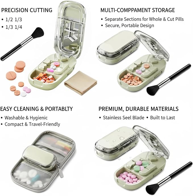 Portable Pill Cutter and Splitter - Easy-to-Use Cutter for 1/2, 1/4, and Tiny Pills - Compact, Durable, and Ideal for Medication Precision (White)