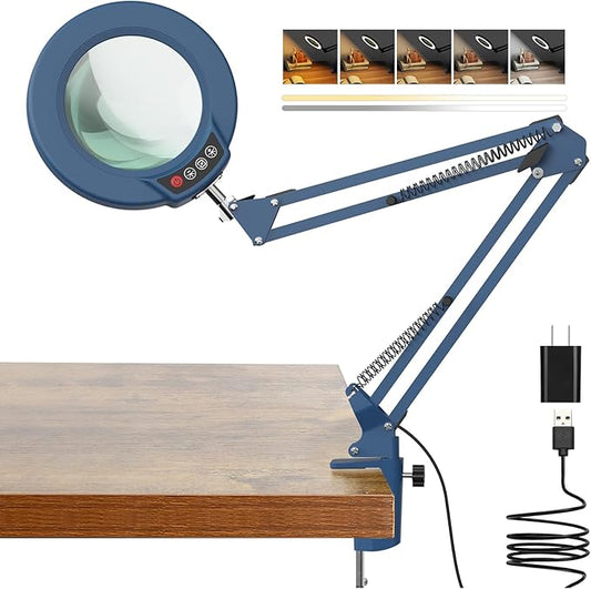 10X Magnifying Glass with Light and Clamp, Real Glass Stand Lighted Magnifier, 5 Color Modes Stepless Dimmable LED Desk Lamp Hands Free for Crafts Hobby Reading Painting Sewing Close Work - Blue