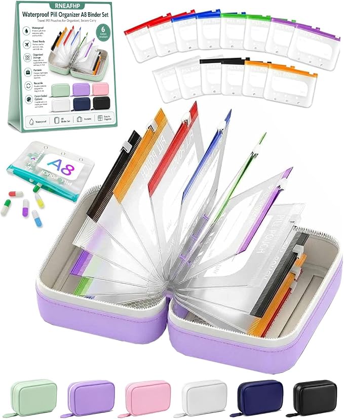 Waterproof Pill Organizer A8 Binder Set Pill Pouches for Travel 14PCS Bags Inside Large Zippered Pouch Bpa-Free Weekly Medicine Air Tight Pocket Color-Coded Reusable Travel Storage System
