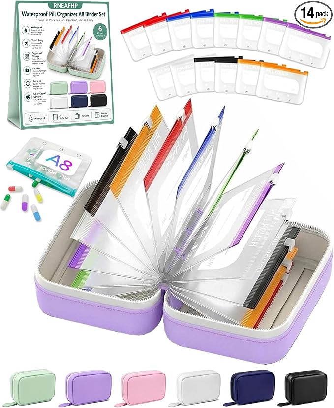 Waterproof Pill Organizer A8 Binder Set Pill Pouches for Travel 14PCS Bags Inside Large Zippered Pouch Bpa-Free Weekly Medicine Air Tight Pocket Color-Coded Reusable Travel Storage System