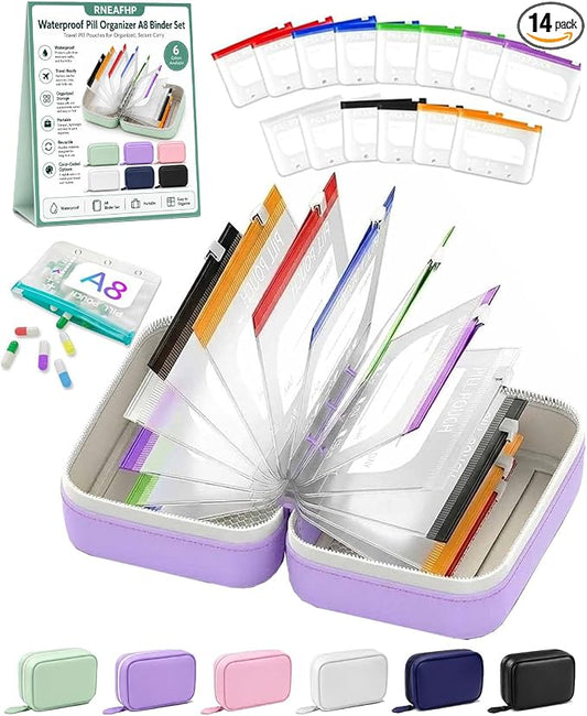 Waterproof Pill Organizer A8 Binder Set Pill Pouches for Travel 14PCS Bags Inside Large Zippered Pouch Bpa-Free Weekly Medicine Air Tight Pocket Color-Coded Reusable Travel Storage System