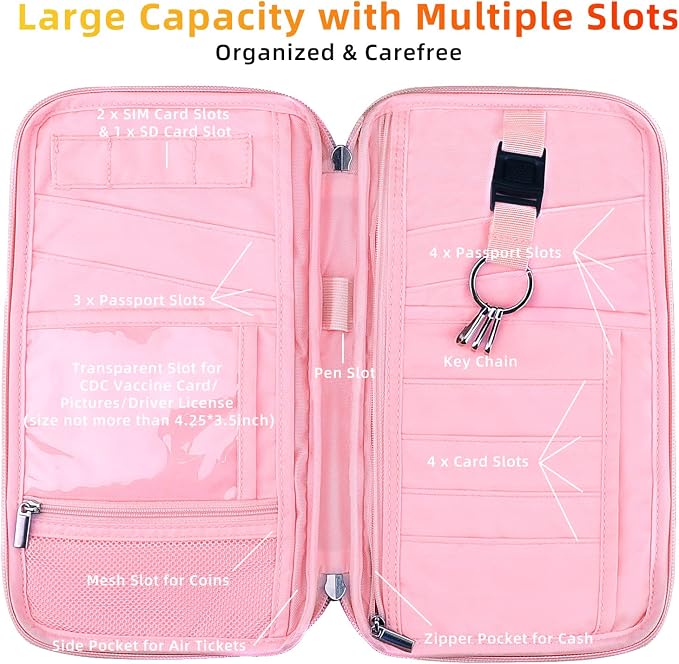 WALNEW Passport Holder for Travel Family, RFID Blocking Passport Wallet | International Travel Essentials, Travel Document Holder with Wristlet and Cross Body Straps, Fits 7 Passports for Family