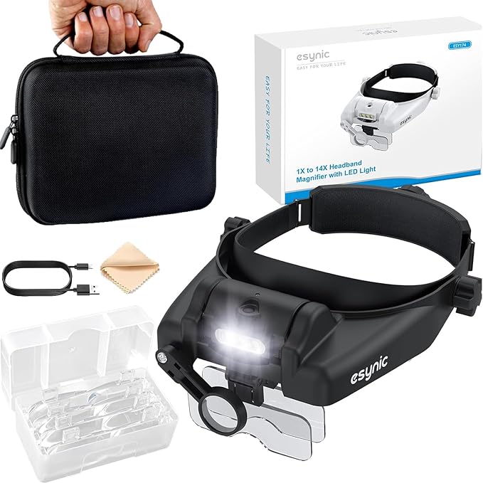 eSynic USB C Rechargeable Head Magnifier Wear Comfortably Magnifying Headset with A Carrying Case-1 to 14X Magnification 5 Acrylic Lenses 3 LED Lights Headband Magnifying Glass for Reading Crafts