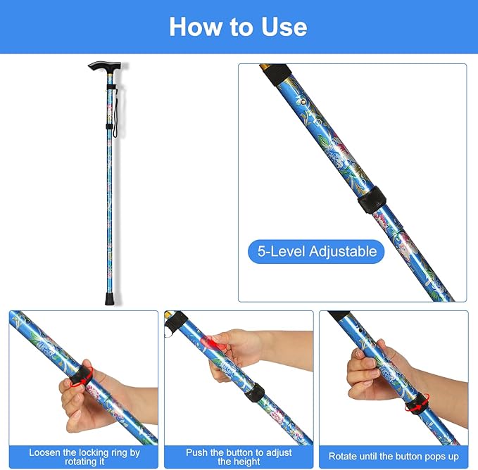 supregear Folding Cane, 5-Level Adjustable Height Walking Stick Lightweight Collapsible Portable Travel Cane with Wrist Strap and T Handle for Elderly Disabled Men Women