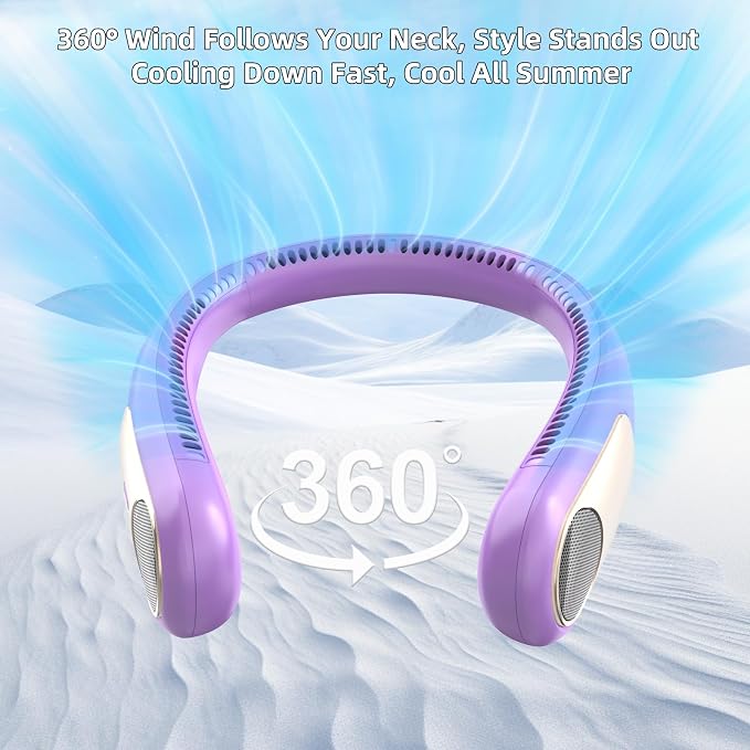 Portable Neck Fan, Personal Wearable Bladeless Fan for Outdoor Indoor, LED Display, 360° Cooling, 4-Speeds, 6000mAh USB Rechargeable, Birthday Gifts for Men Women Dad Mom (Purple)
