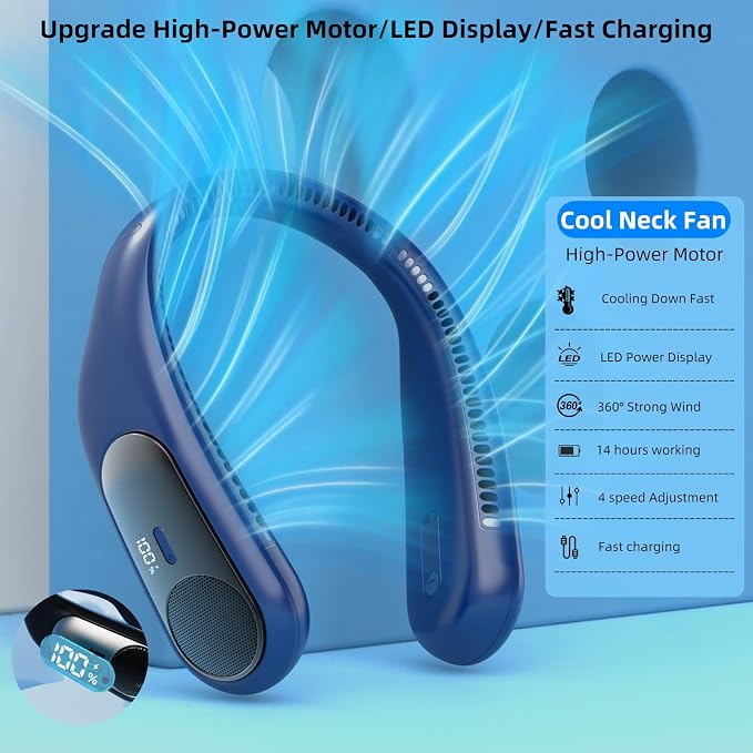 Portable Neck Fan, Personal Wearable Bladeless Fan for Outdoor Indoor, LED Display, 360° Cooling, 4-Speeds, 6000mAh USB Rechargeable, Birthday Gifts for Men Women Dad Mom (Blue)