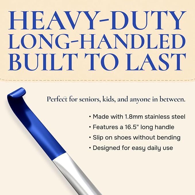 HOUNDSBAY Long Metal Shoe Horn for Seniors – 16.5 Inch Shoe Spoon for Boots, Sneakers & Dress Shoes – Extra Long Handle Design for Men, Women & Kids – Stainless Steel