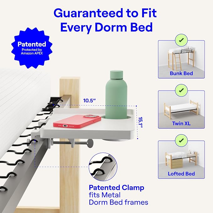 BedShelfie Bedside Shelf for Dorm Room - Dorm Essential 2.0, White | Bunk Bed & Top Bunk, College Dorm Room Essentials, Bedside Caddy, Clip on Floating Tray, Bed Side Table, Loft Nightstand